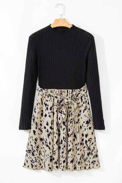 Mock Neck Long Sleeve Rib Knit Print Belted A-Line Mini Dress
