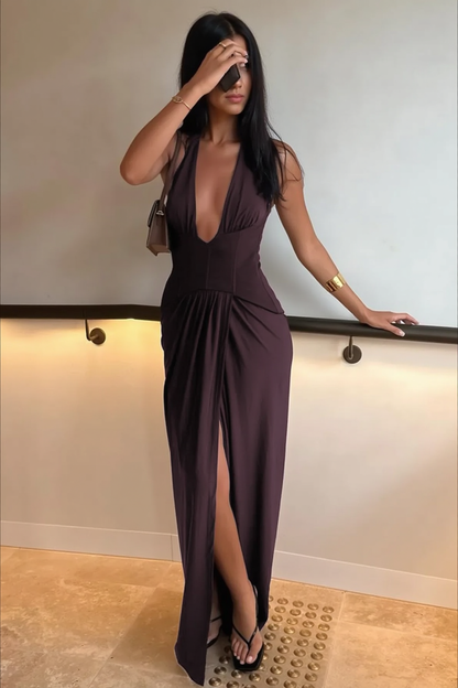 Halter Plunging V Front Drape High Slit Maxi Dress