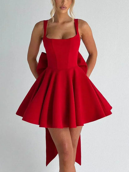 Square Neck Box Pleat Back Oversized Bow Tail Mini Dress