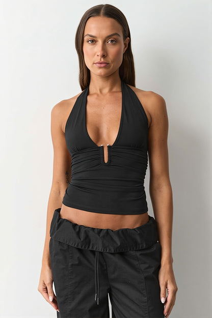 Ruched V Neck Ring Detail Halter Top