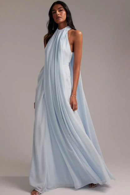 Elegant Halter Light Blue Maxi Party Dress