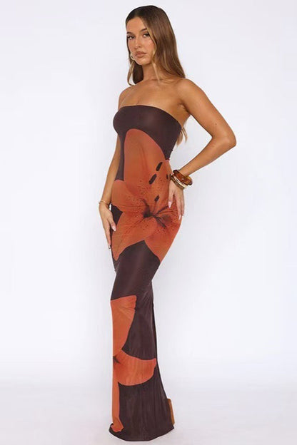 Strapless Large Lily Floral Print Mesh Bodycon Maxi Dress