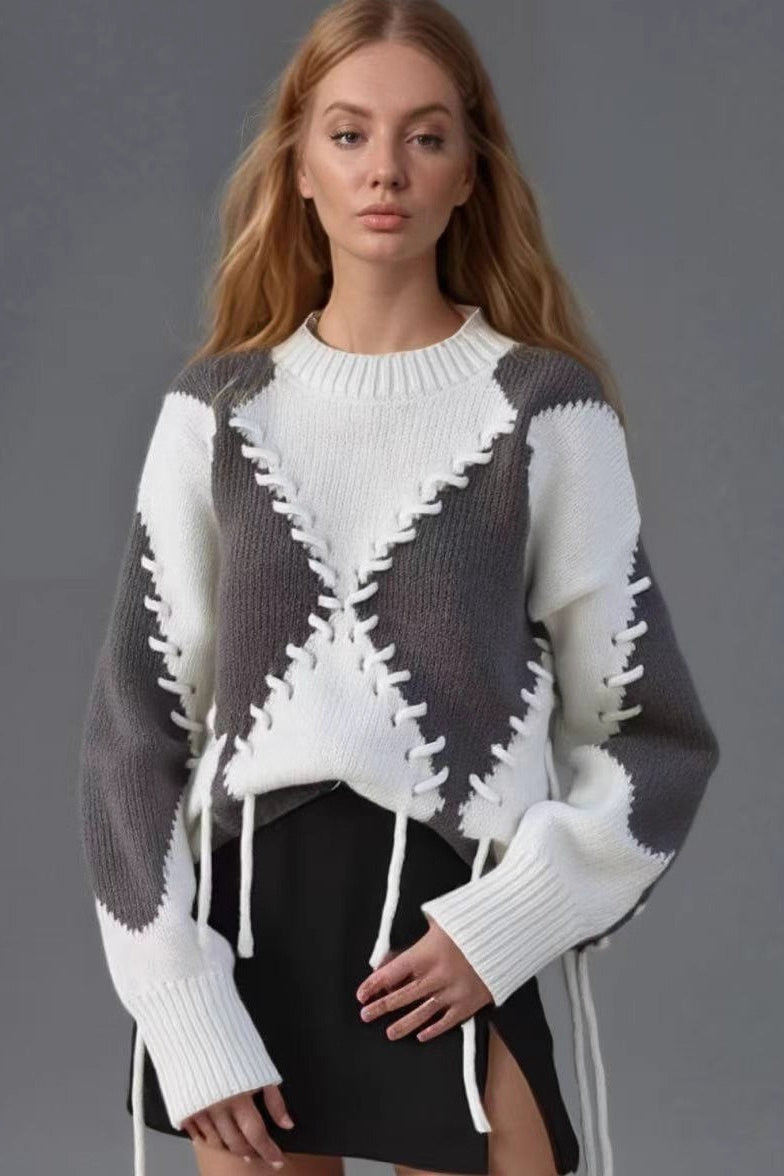Rope Tie Color Block Knit Sweater