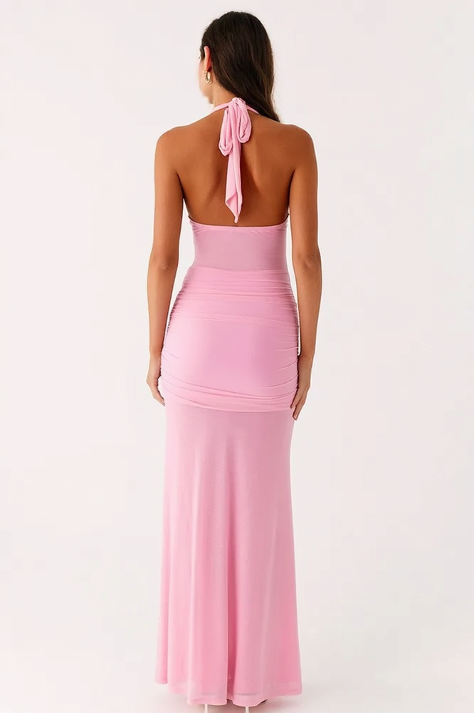 Hardware Halter Plunging V Buckle Accent Bodycon Maxi Dress