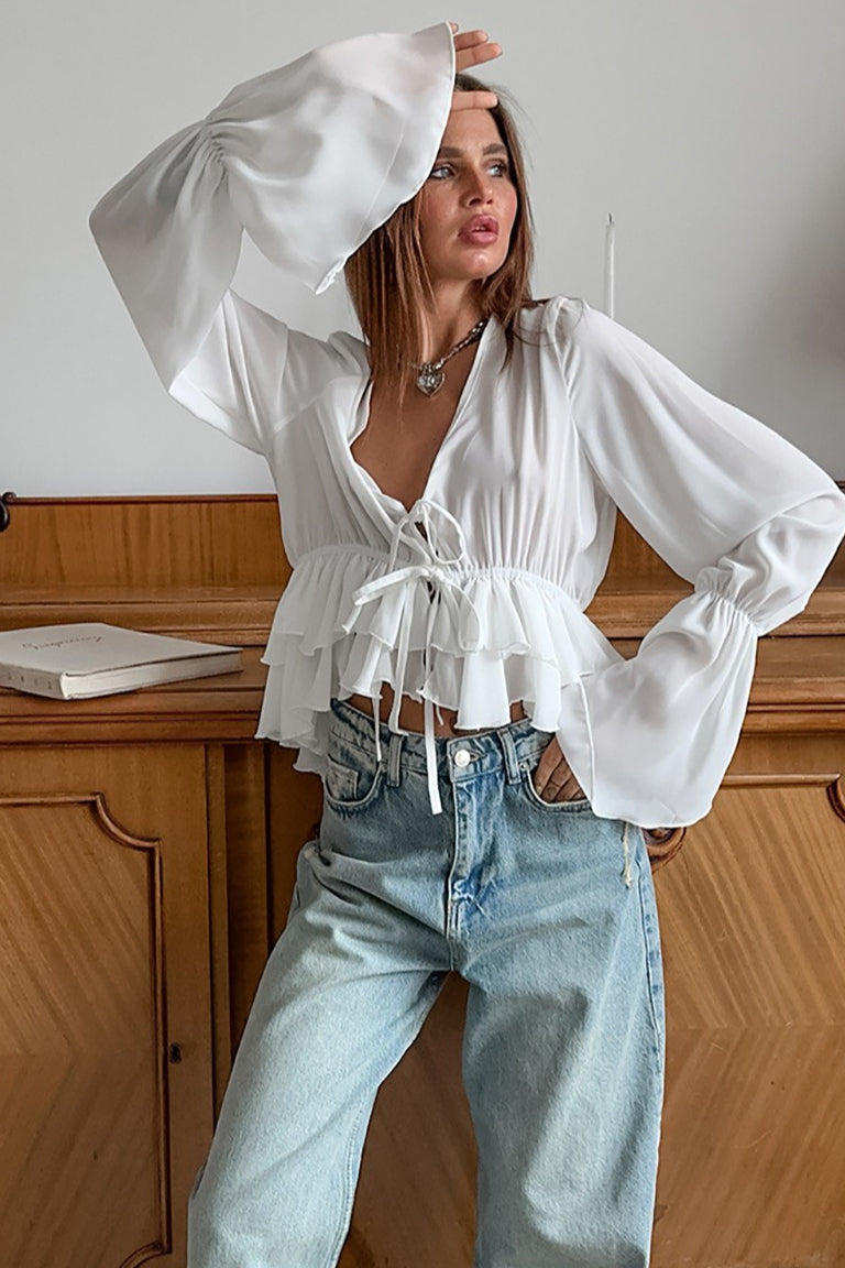 Relaxed Tie Front Chiffon Blouse