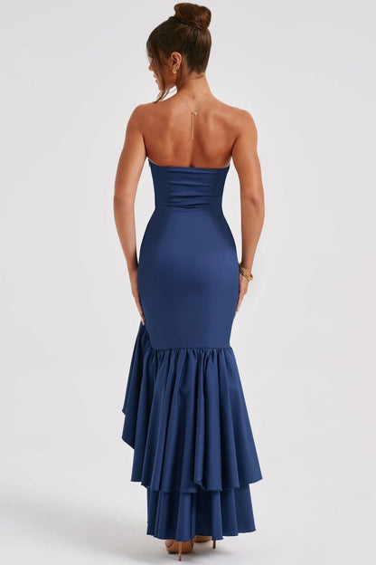 Strapless Corset Bustier High Split Ruffle Hem Maxi Dress