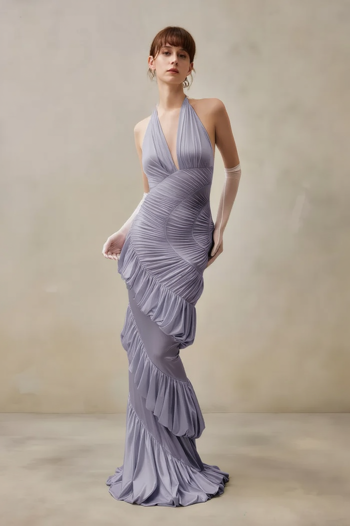 Halter Plunging V Spiral Ruffle Maxi Dress with Gloves