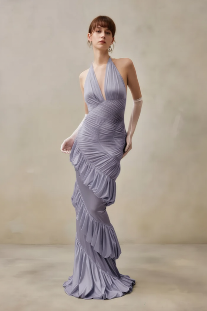 Halter Plunging V Spiral Ruffle Maxi Dress with Gloves