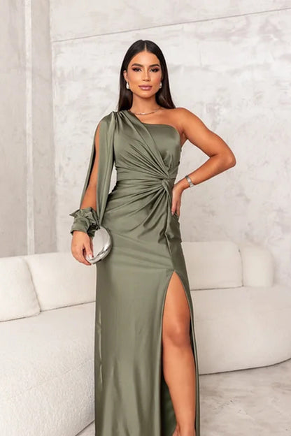 One Shoulder Draped Sleeve Ruched Waist High Slit Satin Maxi Dress