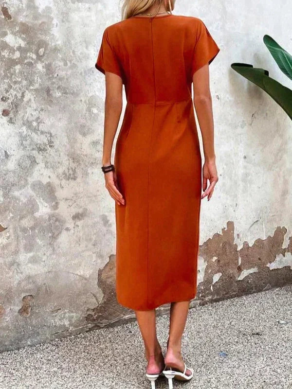 Deep V Neck Surplice Wrap Tulip Hem Midi Dress