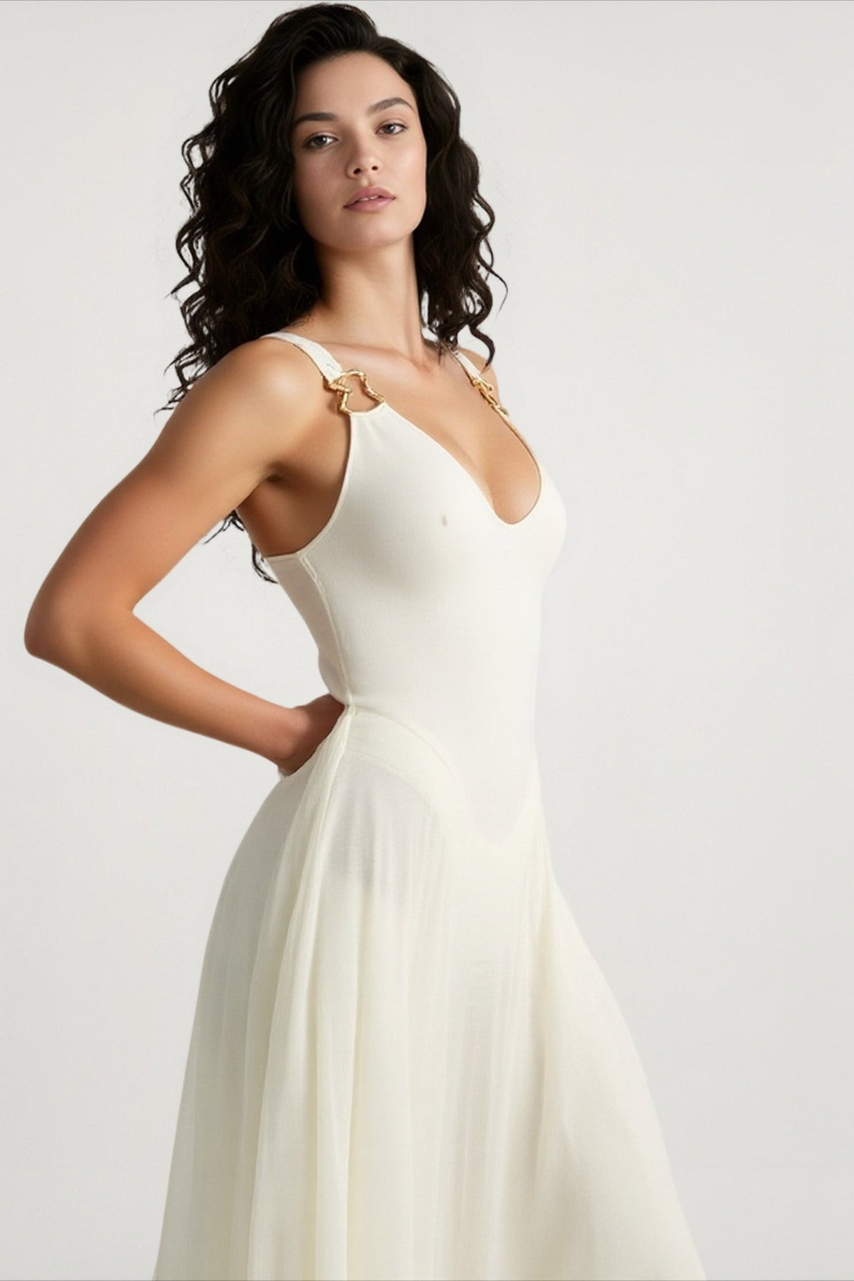 Deep V Neck Metal Ring Strap Dropped Waist Pleated Maxi Dress