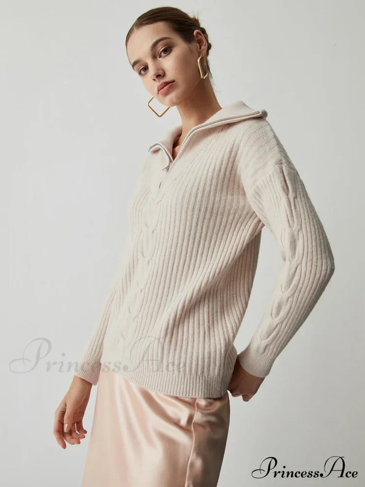 Cable Knit Open Trendy Collar Half Zip Sweater
