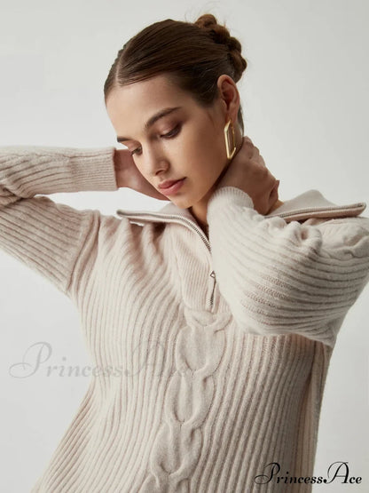 Cable Knit Open Trendy Collar Half Zip Sweater