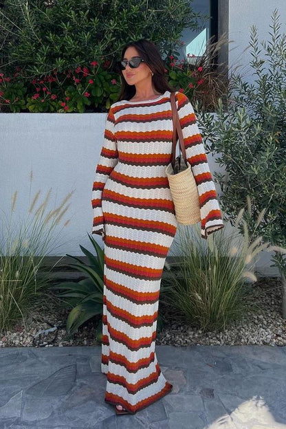 Crew Neck Zigzag Stripe Knit Bell Cuff Bodycon Maxi Dress