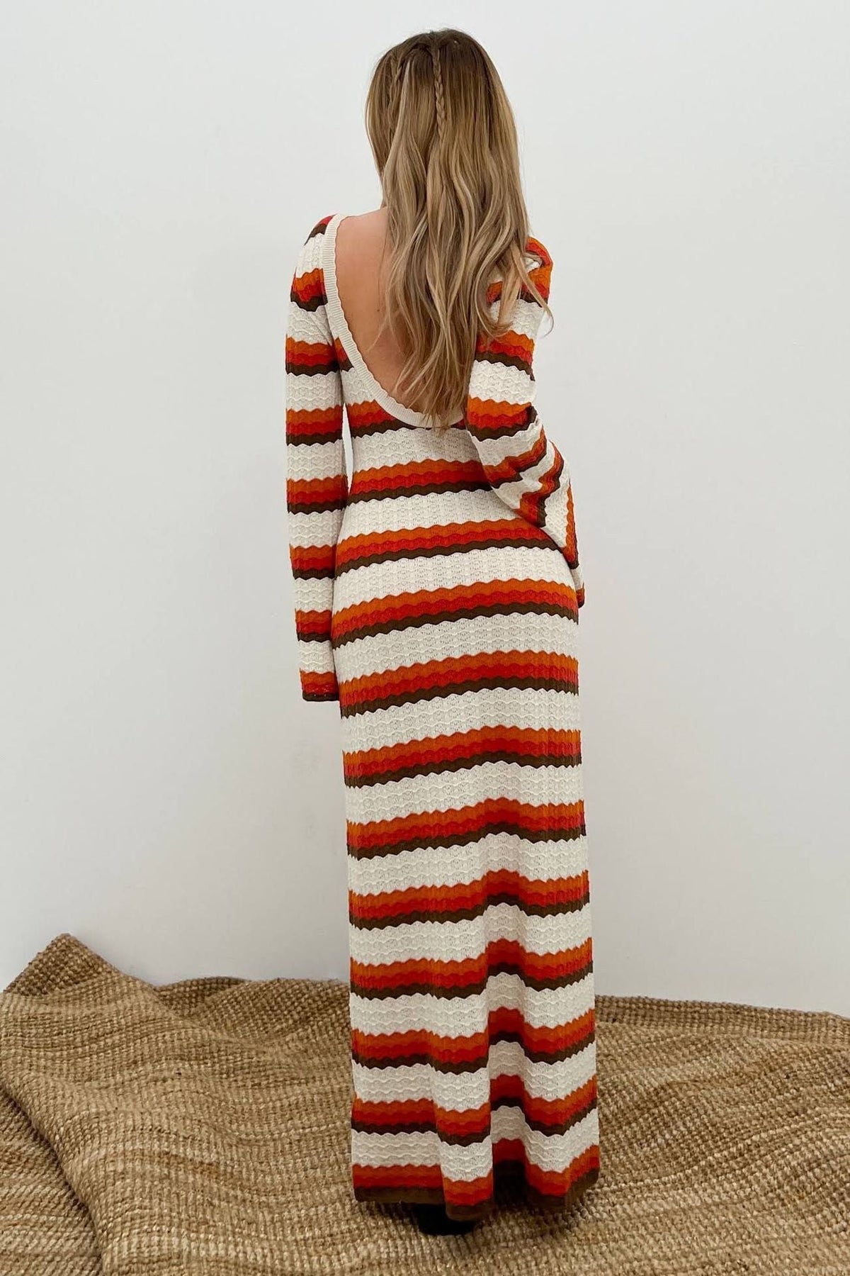 Scoop Back Zigzag Stripe Pointelle Knit Long Sleeve Maxi Dress