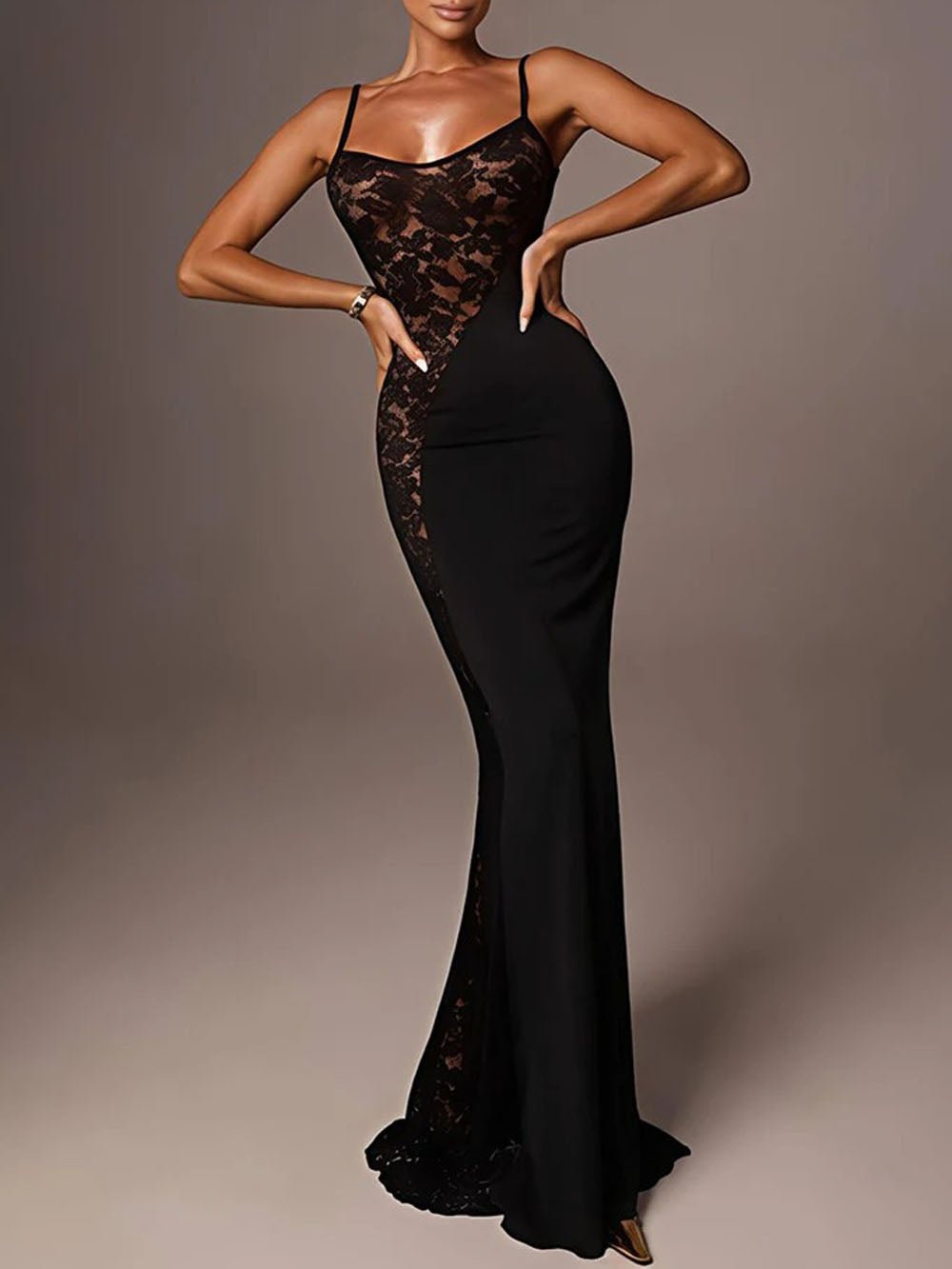 Black Asymmetric Lace Panel Spaghetti Strap Mermaid Maxi Dress