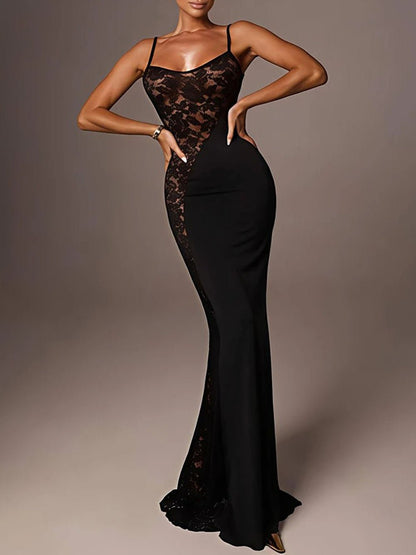 Black Asymmetric Lace Panel Spaghetti Strap Mermaid Maxi Dress