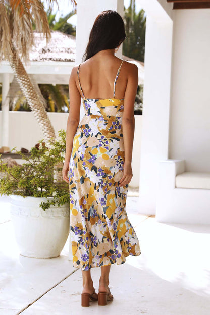 Abstract Floral Spaghetti Strap Sweetheart Cutout High Slit Midi Dress
