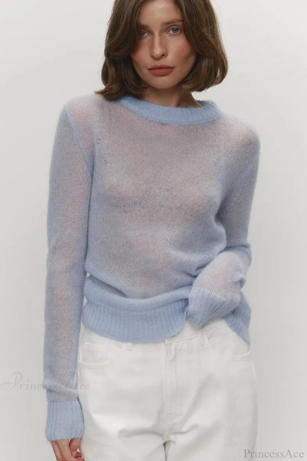 Candy Color Sheer Crew Neck Knit Sweater