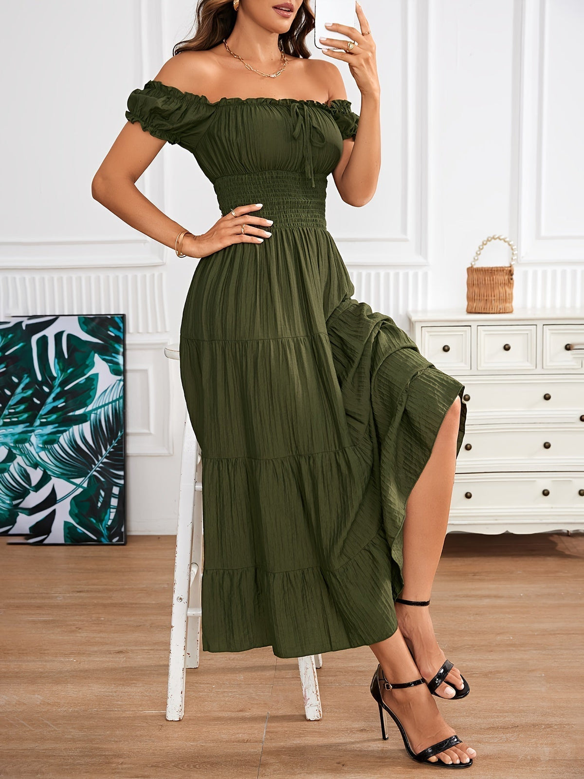 Off-Shoulder Smocked Puff Sleeve Tie Front Tiered Crinkle Maxi Dress
