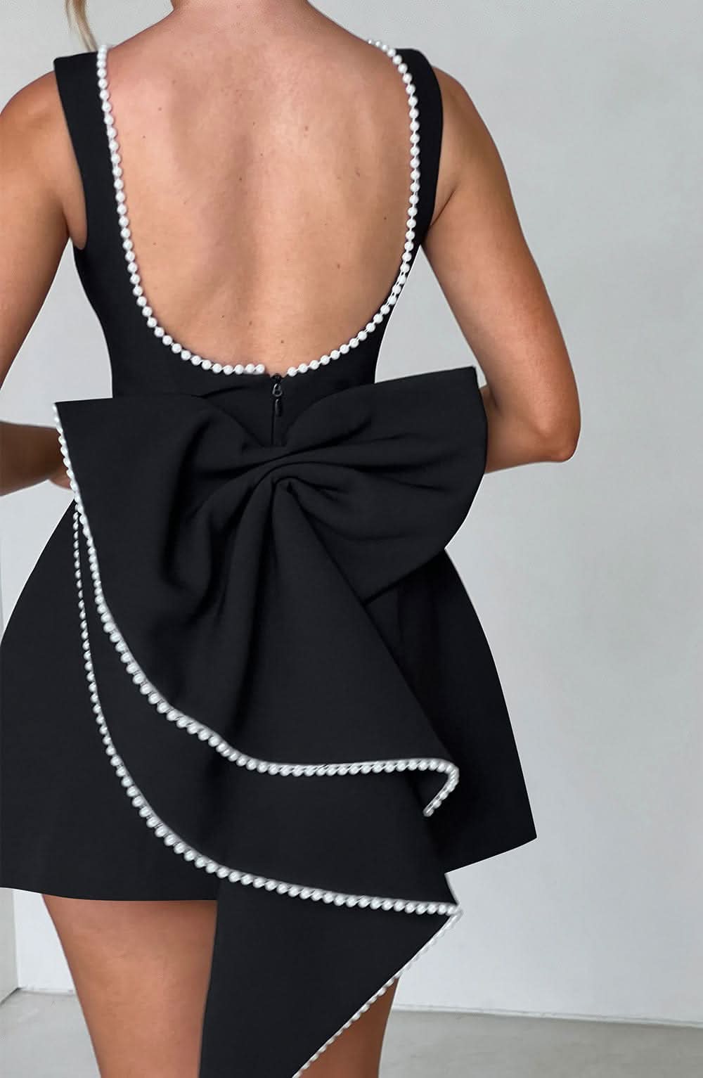 Pearl Trim Boat Neck Bow Back Pocket Fit and Flare Mini Dress