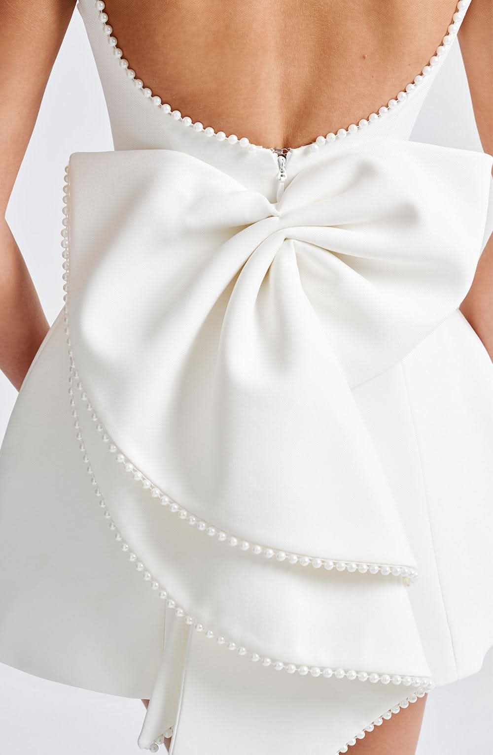 Pearl Trim Boat Neck Bow Back Pocket Fit and Flare Mini Dress