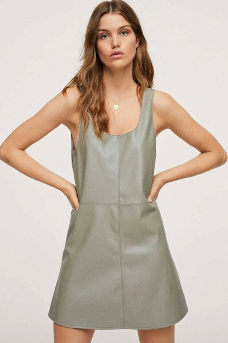 Scoop Neck Faux Leather Paneled A-Line Mini Dress