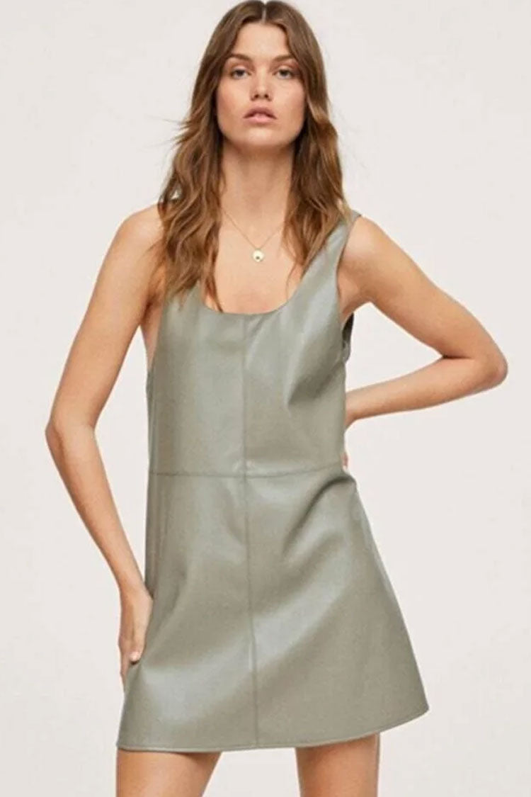 Scoop Neck Faux Leather Paneled A-Line Mini Dress