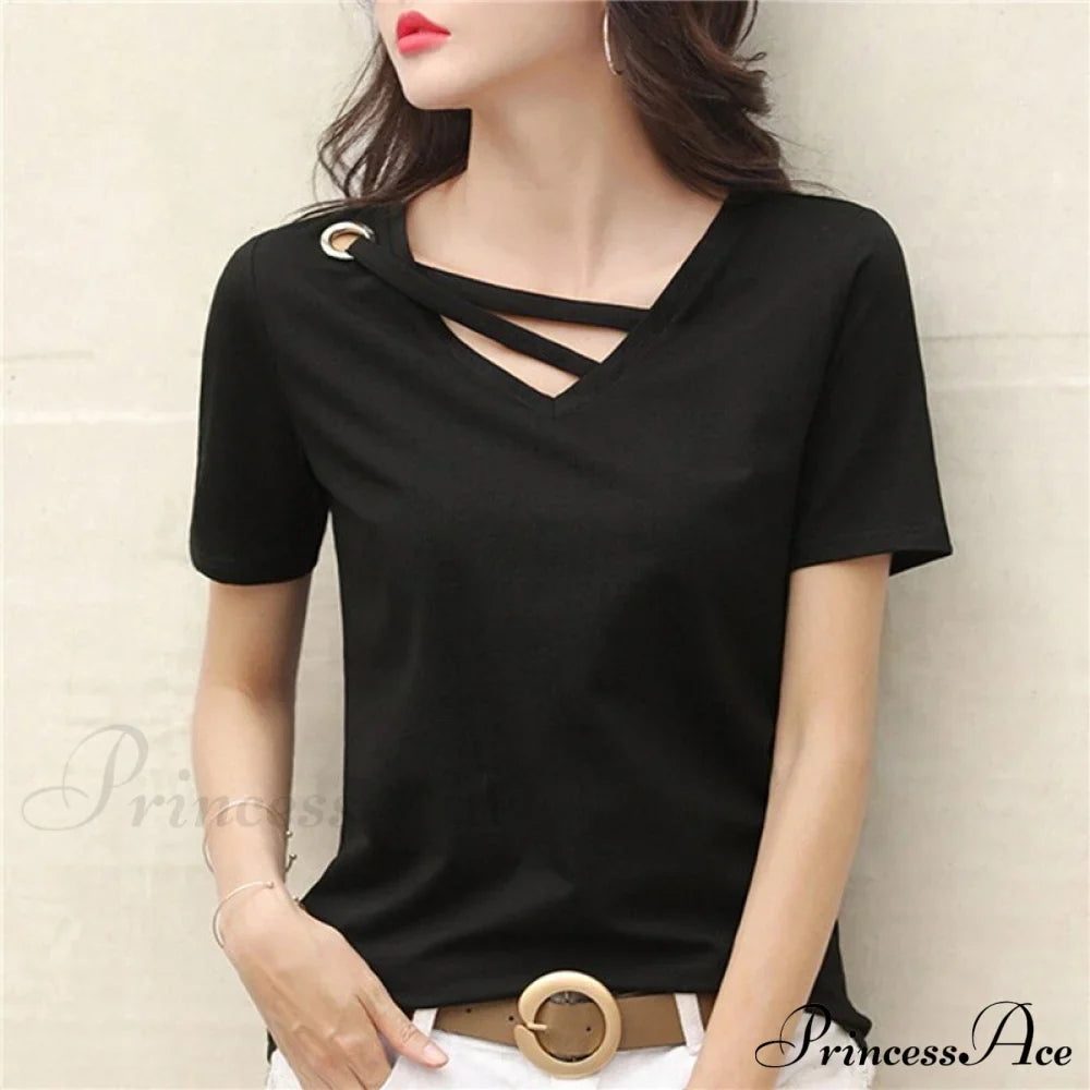 Casual Solid Color Short Sleeve V Neck T-shirt
