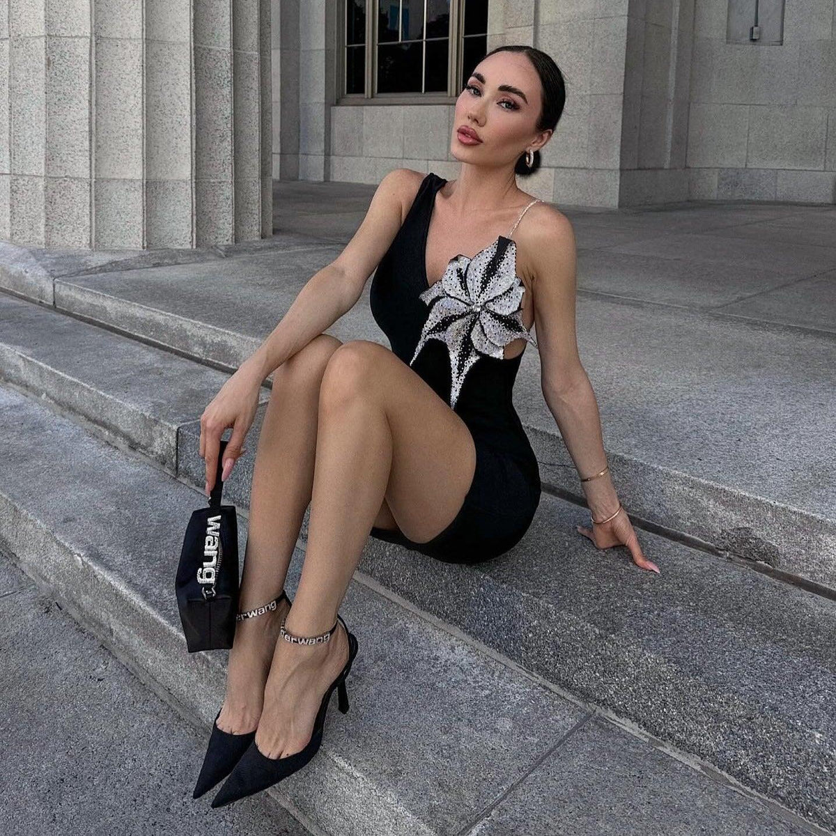 Deep V Neck Crystal Strap Star Applique Satin Mini Dress