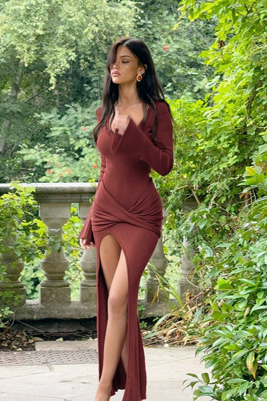Ruched Waist Long Sleeve Slit Wrap Dress