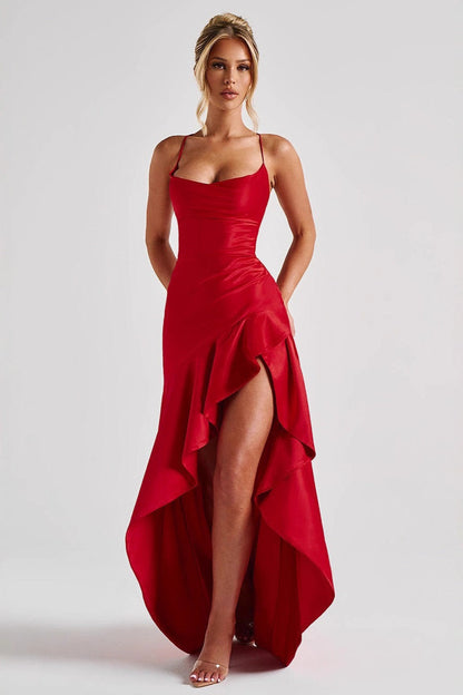 Satin Spaghetti Strap Cowl Neck Ruched High Low Ruffle Maxi Formal Dress