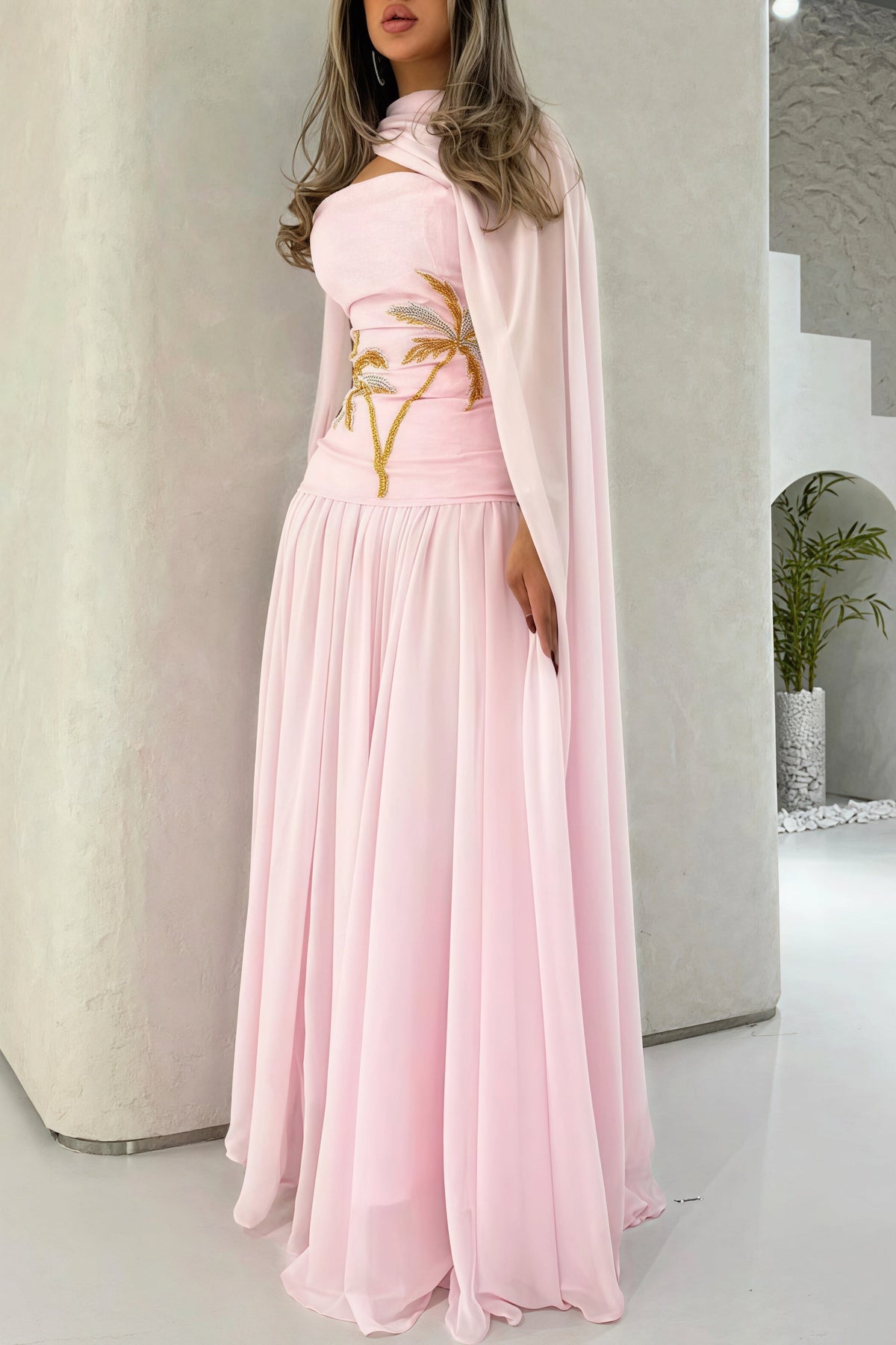 Elegant Chiffon Cape Beaded Maxi Dress