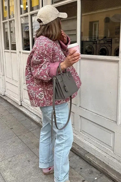 Floral Print Crew Neck Padded Coat