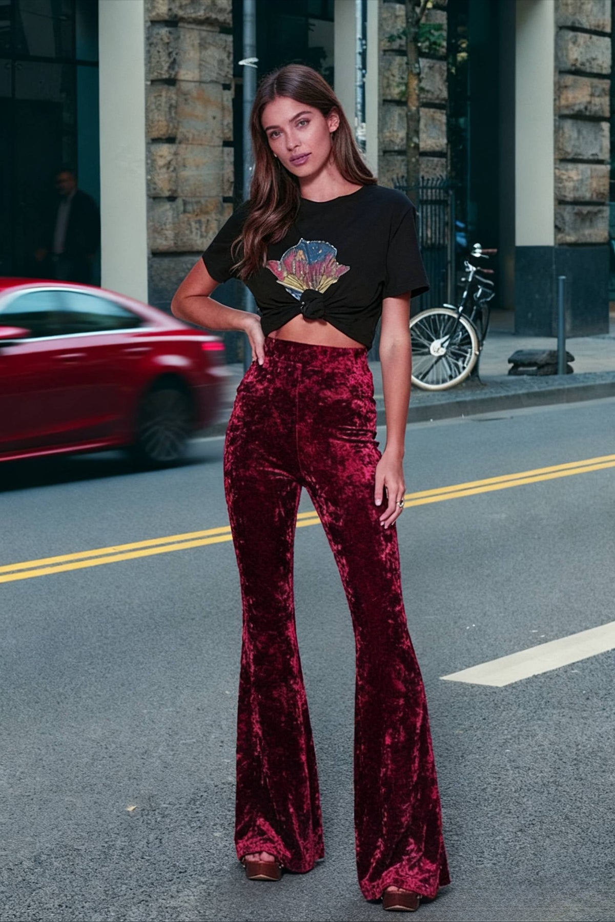 High Waist Velvet Wide Leg Velour Flare Pants