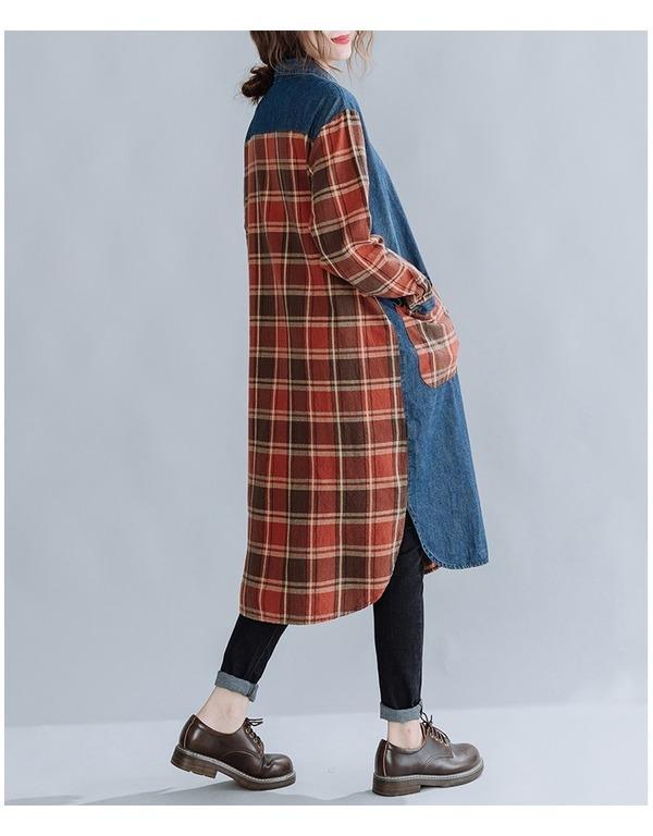 Denim Plaid Asymmetric Patchwork Longline Button Shirt Dress