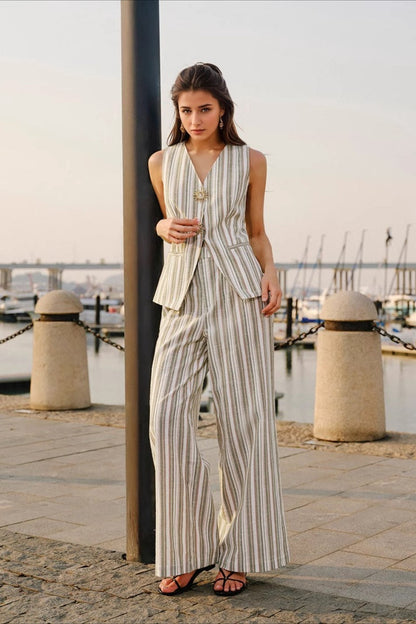 Striped Tank Top Wide Leg Loose Elegant Two Piece Set