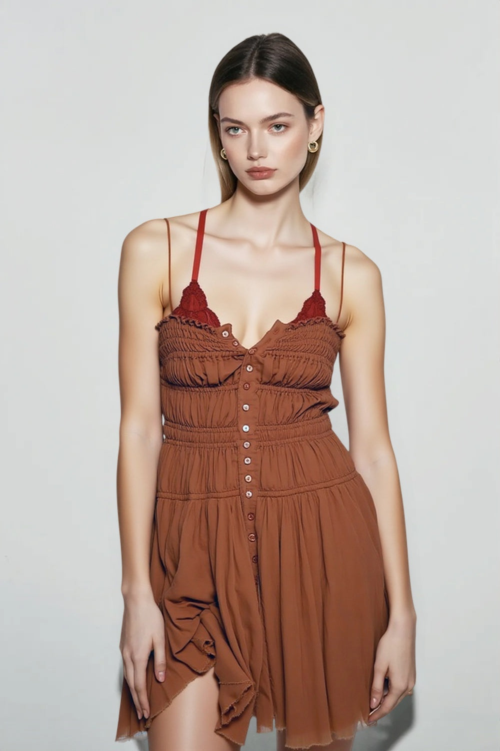 Smocked Button Front Spaghetti Strap Mesh Tiered Mini Dress