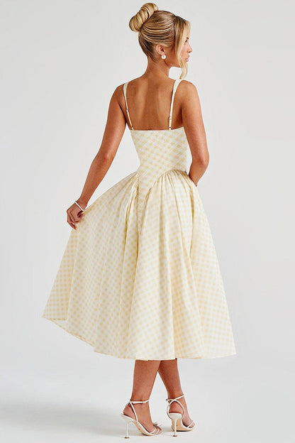 Gingham Square Neck Basque Waist Pleated Fit and Flare Midi Dress