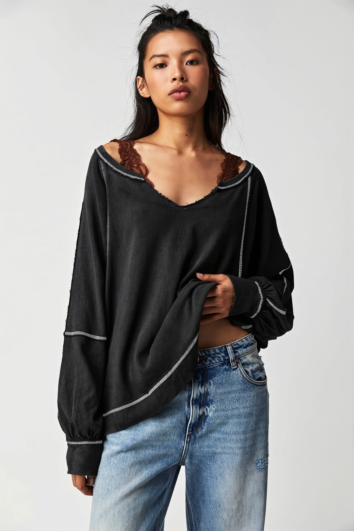 Contrast Stitch V Neck Sweatshirt