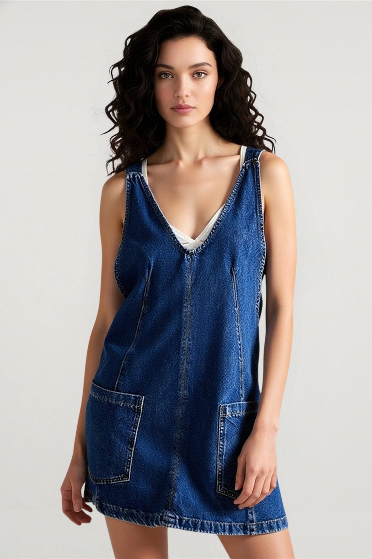 Deep V Neck Patch Pocket Princess Seam Denim Pinafore Mini Dress