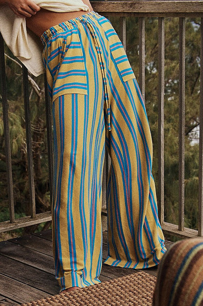 Beach Style Striped Drawstring Wide Leg Pants