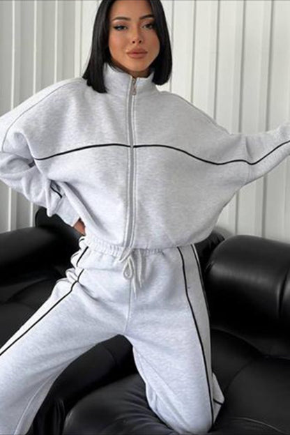 Mock Neck Zip Hoodie Stripe Pants Activewear Set