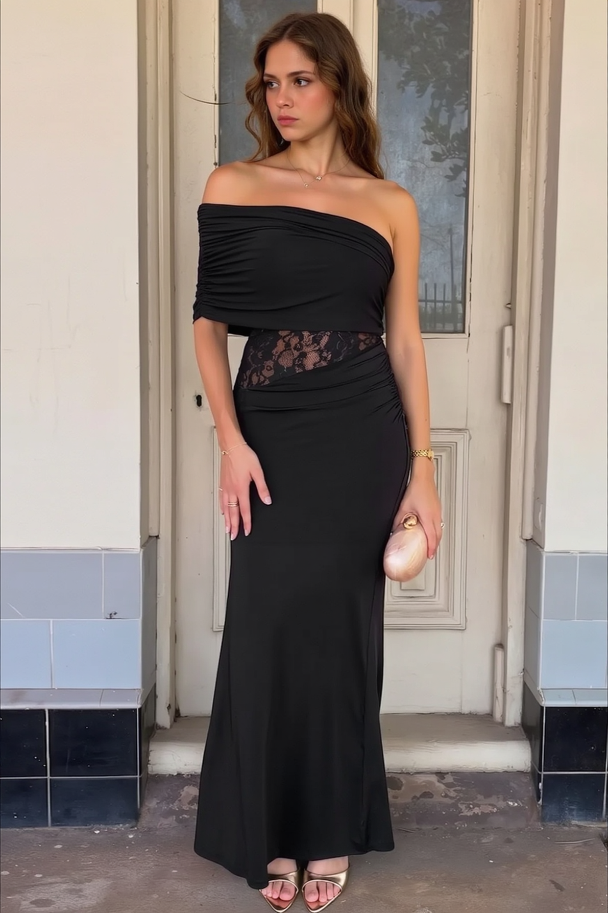 One Shoulder Ruched Wrap Bodice Lace Waist Insert Mermaid Maxi Gown