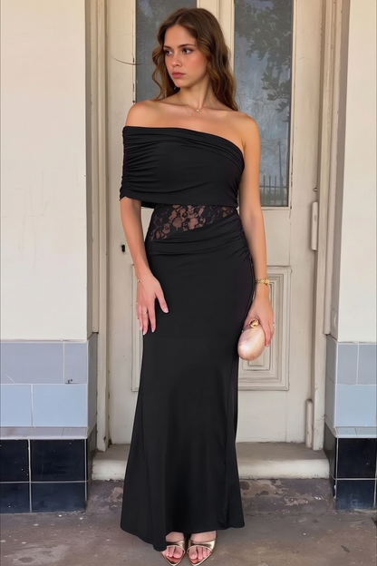 One Shoulder Ruched Wrap Bodice Lace Waist Insert Mermaid Maxi Gown