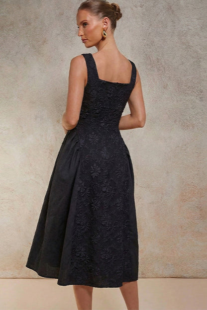 Black Embroidered Sleeveless Midi Dress