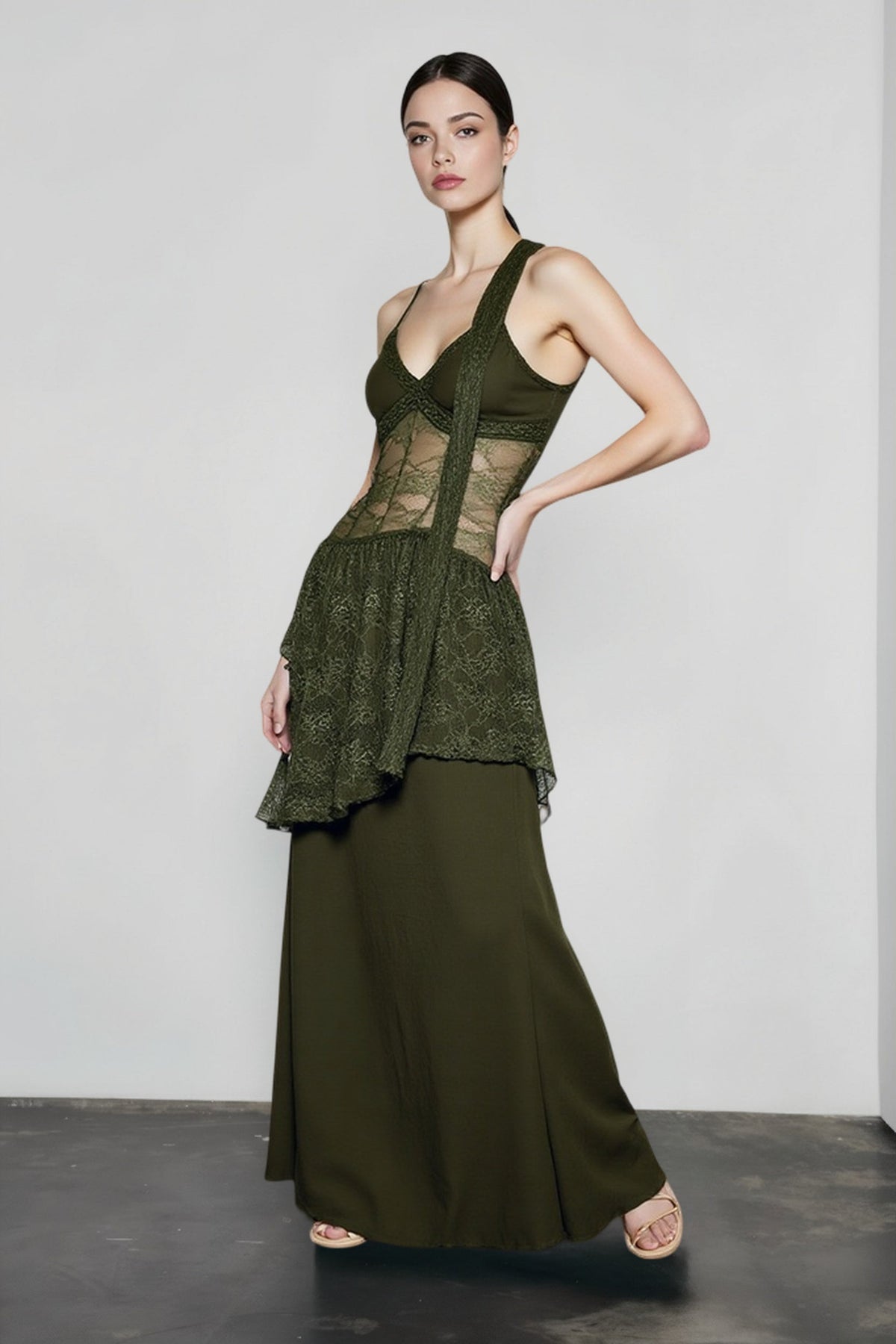 Lace Waist Sheer Overlay Tiered Scarf Neck Maxi Dress