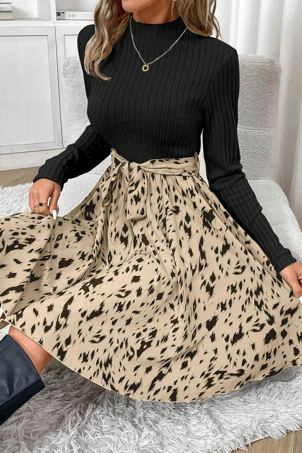 Mock Neck Long Sleeve Rib Knit Print Belted A-Line Mini Dress