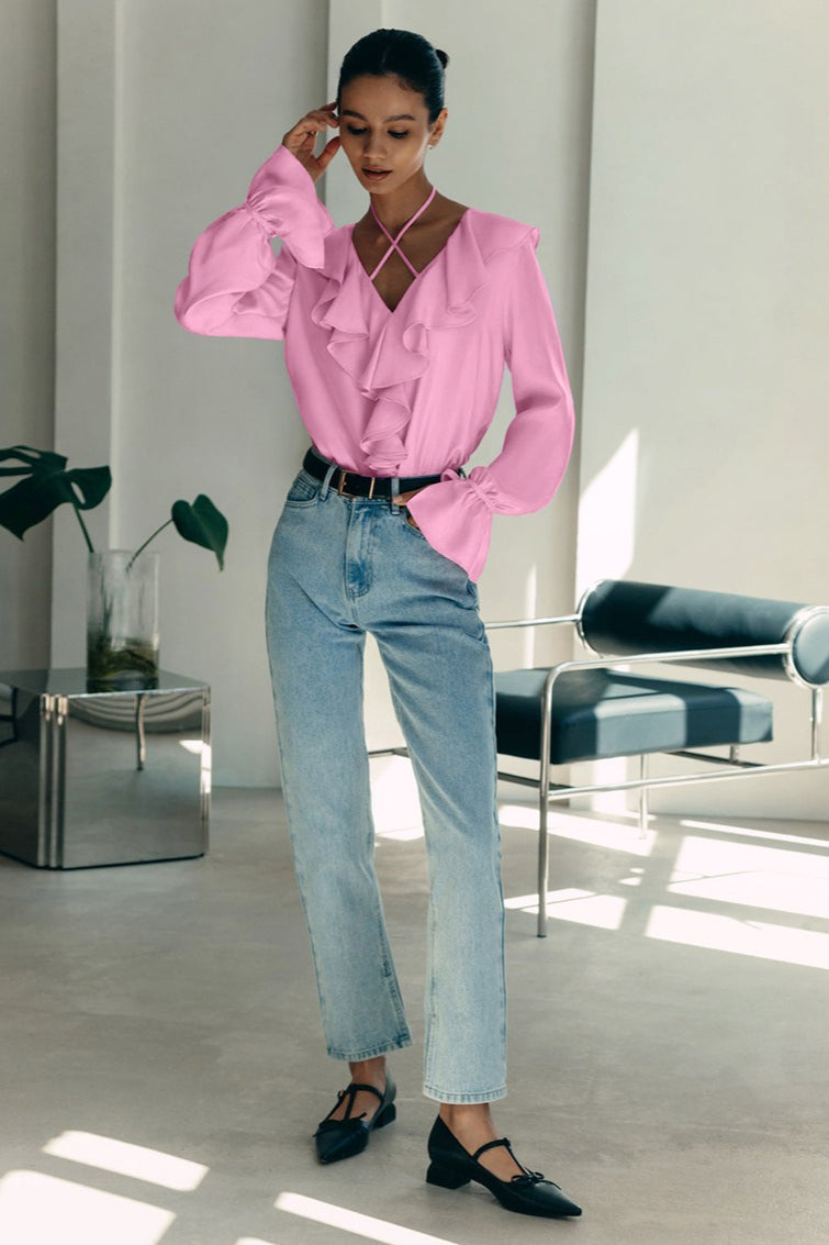 Ruffle Trim V Neck Blouse