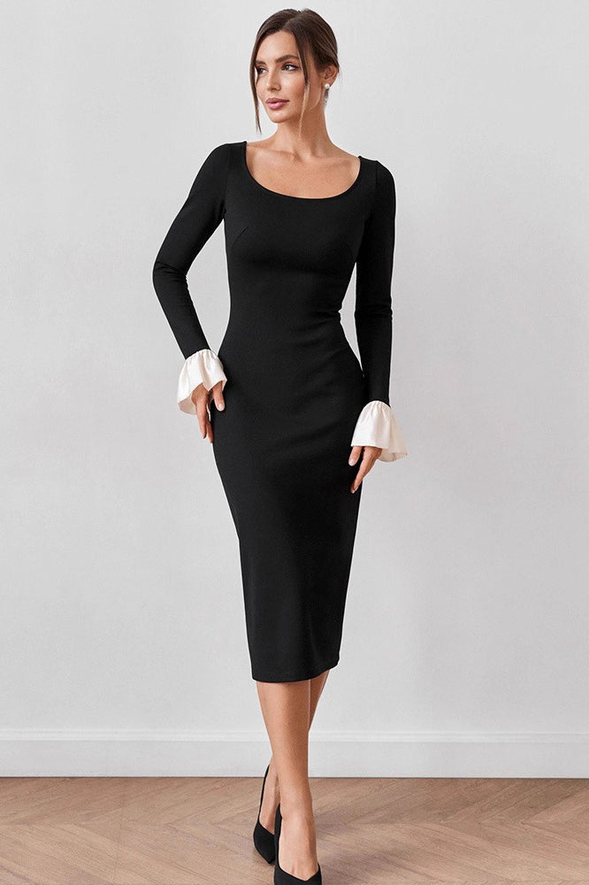 U-Neck Lace Panel Midi Dress